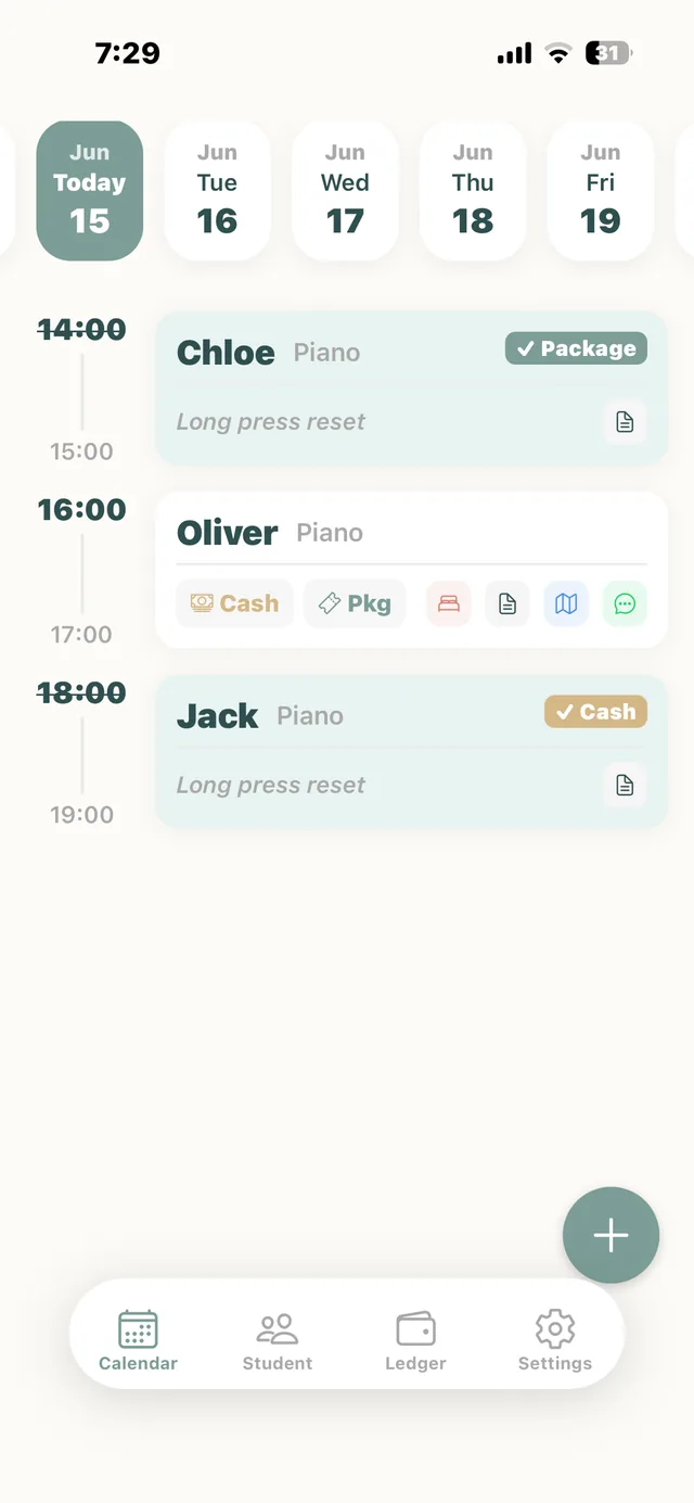Tutor Ledger calendar showing example lessons