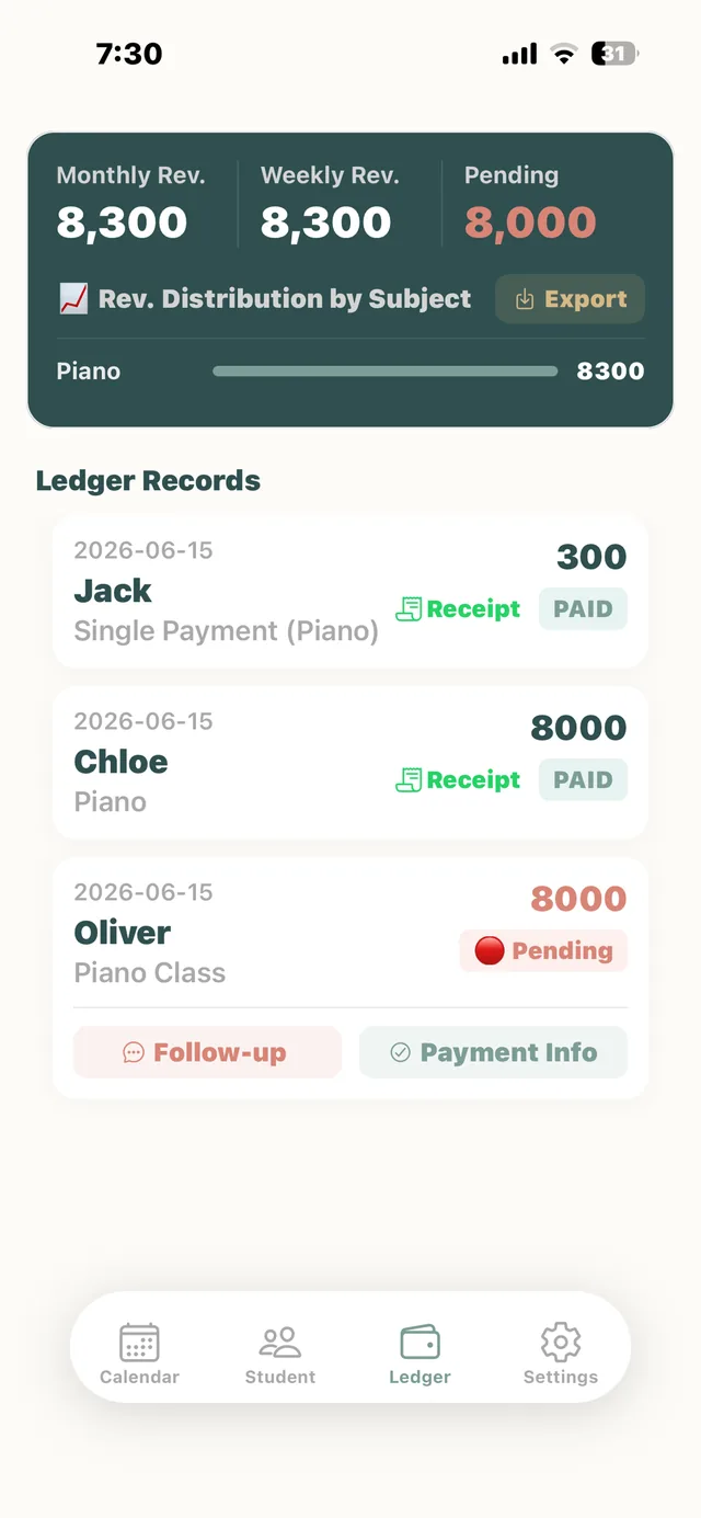 Tutor Ledger income summary and payment records
