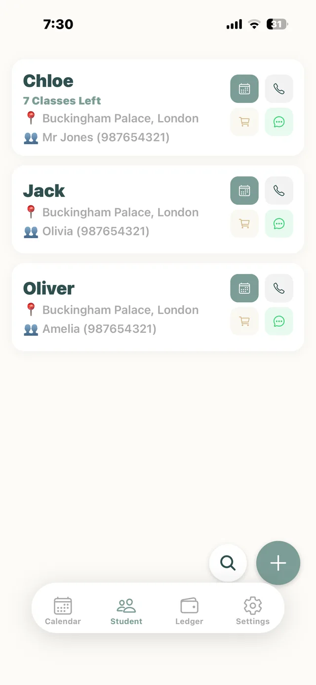 Tutor Ledger student profiles and lesson packages